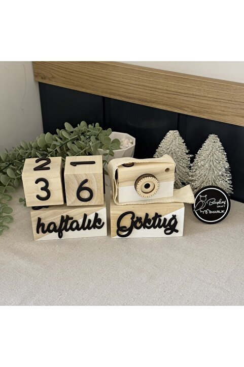 Baykuş Craft Mimarlık İsimli - 3 Boyutlu Bebek Ahşap Hatıra Küpü Anı Küpü Ahşap Fotoğraf Makinesi Seti/türkçe/beyaz