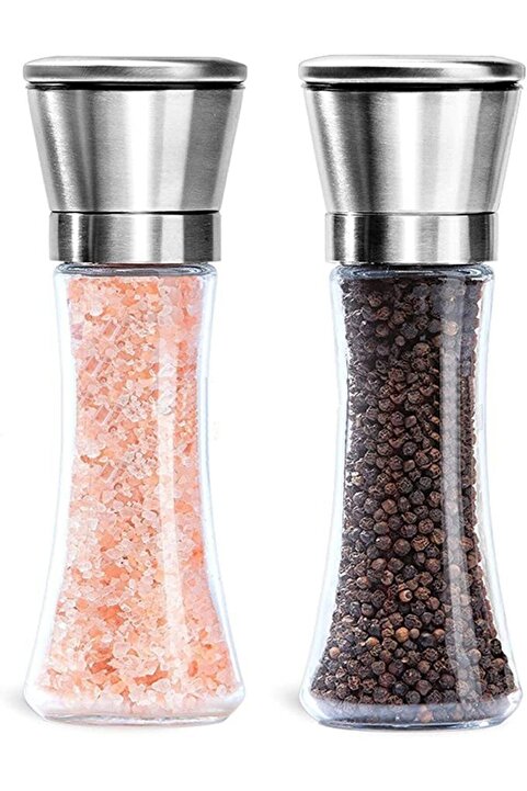 Kitchen Design Lab Cam Gövdeli Metal Krom Renk Kapaklı Tuz Karabiber Değirmeni Tuz Karabiber Öğütücü 19 Cm 2 Adet