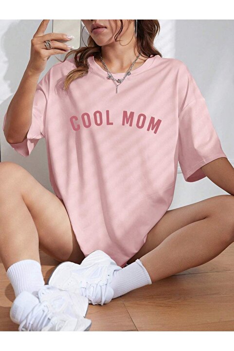 MARECASH Kadın Pembe Cool Mom (PEMBE BASKILI) Hamile Tişört %100 Pamuk