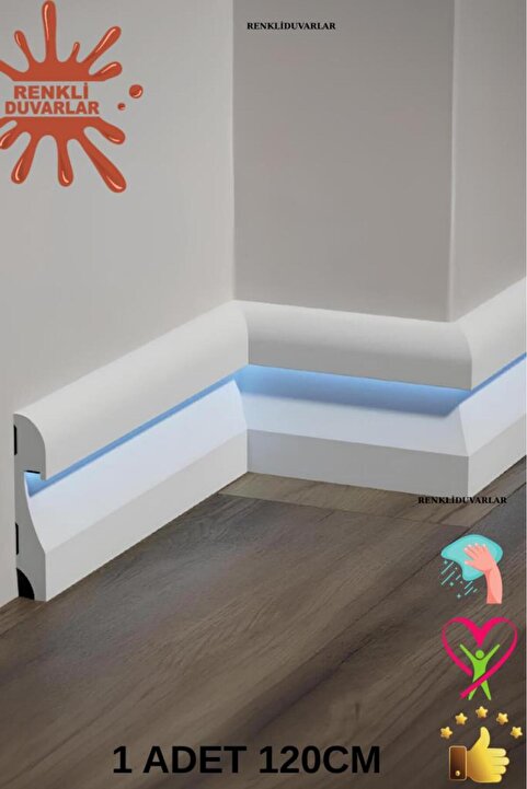 Renkli Duvarlar 11.5cm x 120cm Polimer Lake Beyaz Ledli Süpürgelik Salon Ev Ofis Koridor Çıta Parke Süpürgelik