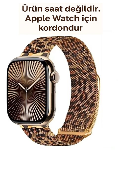 Alstrap Apple Watch 11-10 42mm 9 8 7 6 Se Uyumlu 38 40 41mm Leopar Desenli Milano Metal Hasır Kordon