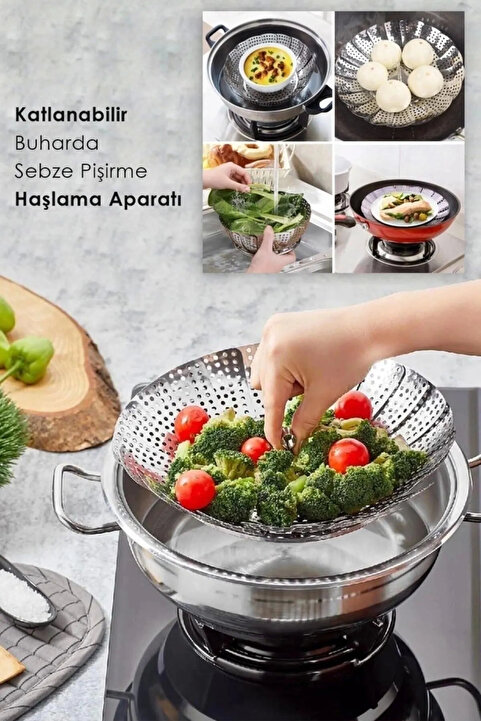 MorPort Paslanmaz Çelik Buharda Sebze Pişirme Haşlama Aparatı Katlanabilir Buharlı Pişirici İsveç Çeliği