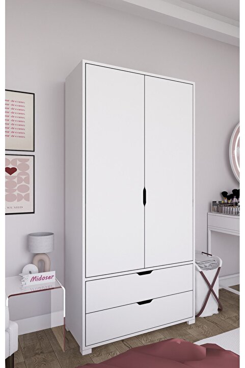midoser 90 Cm Mat Beyaz 2 Kapılı 2 Çekmeceli Elbise Dolabı - Gardırop