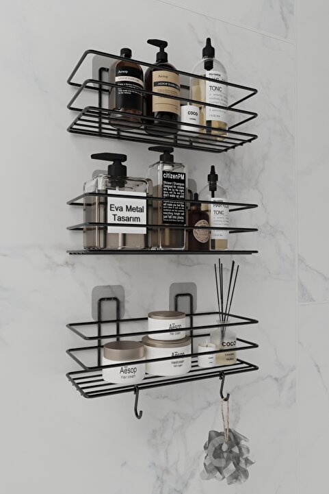 EVA METAL TASARIM 3'lü Set Yapışkanlı 2 Kancalı Paslanmaz Banyo Rafı Mat Siyah Banyo Şampuanlık Duşakabin Duş Askısı