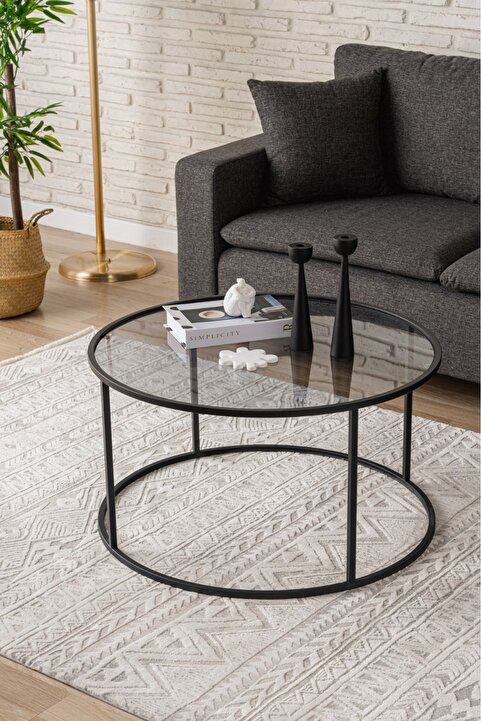 DEKOPRATİK - Startis Orta Sehpa 80 Cm Modern Tasarım Yuvarlak Füme Cam Ve Metal Orta Sehpa Orta Masa