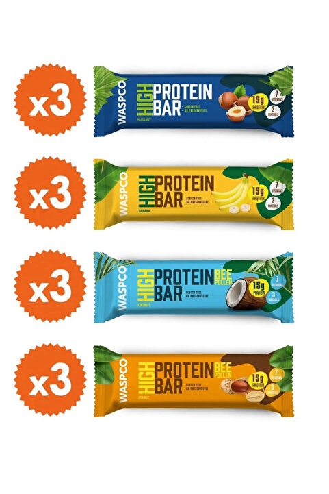 Waspco Yüksek Protein Bar 50g Karma Kutu 12 Adet (4 ÇEŞİT)