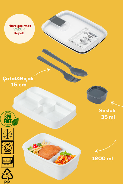 Porsima 3192 Vakumlu Kendinden Kaşık Çatallı Sosluklu Bölmeli Beslenme Çantası- 2 Katlı Lunch Box-Sefer Tası