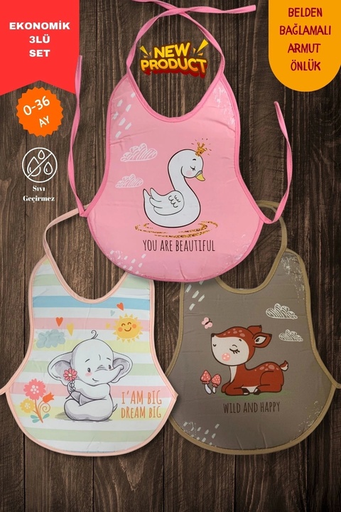 Bebechi 3'Lü Set Kız Baskılı Ekonomik Sıvı Geçirmez Armut Önlük Mama ve Aktivite Önlüğü(0-36 Ay)
