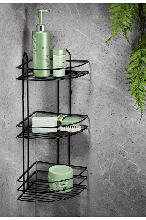 Sas Haus 3 Katlı Siyah Yapışkanlı Banyo Köşeliği Düzenleyici, Şampuanlık, Metal Köşelik Duş Rafı