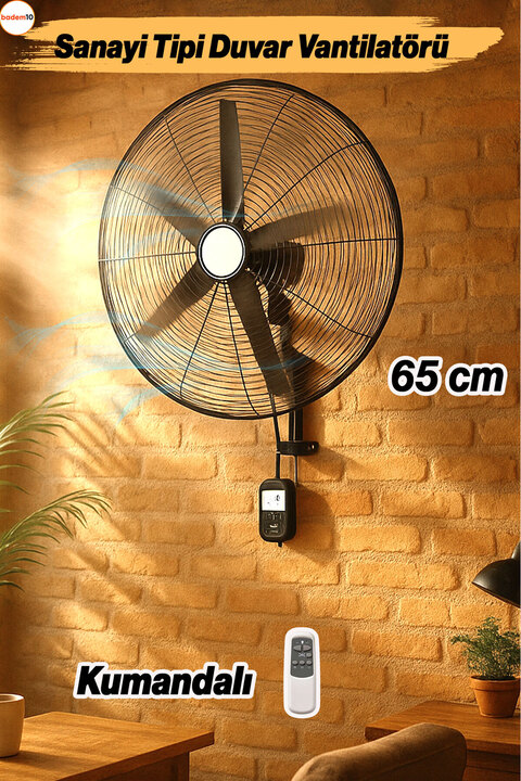 Badem10 Sanayi Tipi Kumandalı 65 cm 190W Duvar Vantilatörü Endüstriyel Sessiz Duvara Monte Zincirli Fan