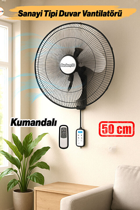 Badem10 Sanayi Tipi Kumandalı 50 cm 130 W Duvar Vantilatörü Endüstriyel Sessiz Duvara Monte Fan