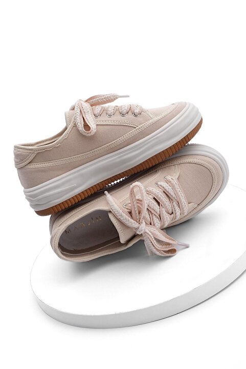 Marjin Kadın Sneaker Yüksek Taban Bağcıklı Keten Spor Ayakkabı Kotnel Bej