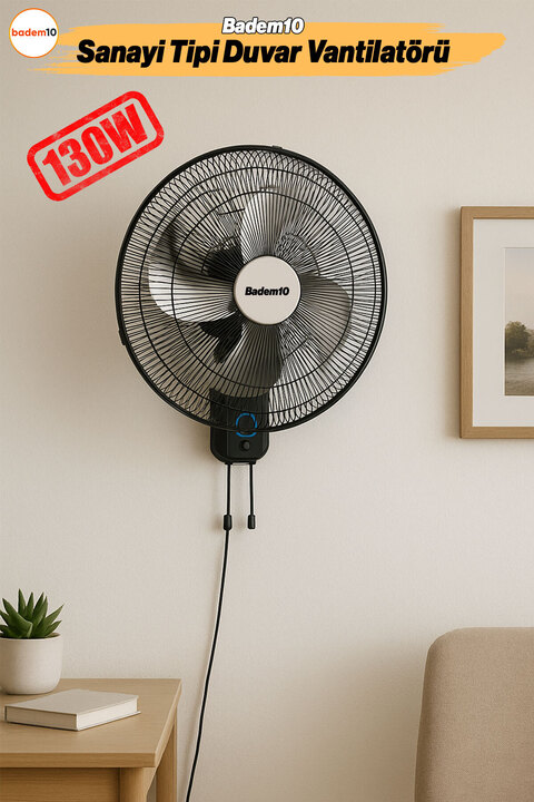Badem10 Sanayi Tipi Duvar Vantilatörü Endüstriyel Sessiz Duvara Monte Zincirli Fan 50 cm 130W