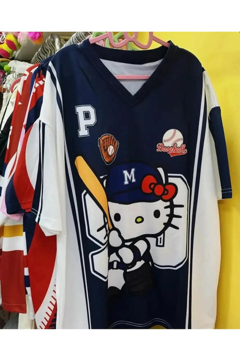 Gofeel Lacivert Kitty Beyzbol Baskı Detail Jersey Kısa Kol Forma