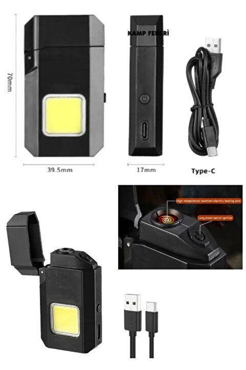 VOLEMİ Gazsız Rezistanslı Elektrikli Usb Şarjlı Çakmak Mini Cob El Fenerli 2 In 1 Mini Projektörlü