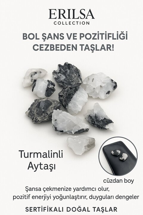 Erilsa Sertifikalı Ham Cüzdan Boy Turmalinli Ay Taşı Kütle - El Taşı - Günlük Koruma Duygusal Denge Taş