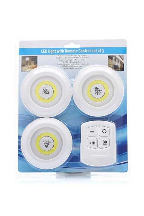 Genel Markalar 3 Lü Kumandalı Yapışkanlı Kablosuz Pilli Led Spot Lamba Işıldak 313040
