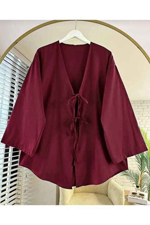 Giyim Gezegeni Önü Bağlamalı Kimono Tesettür Tunik Bordo Oversize Yeni Sezon Rahat Kalıp Önü Baglamalı Tesettür Tunik