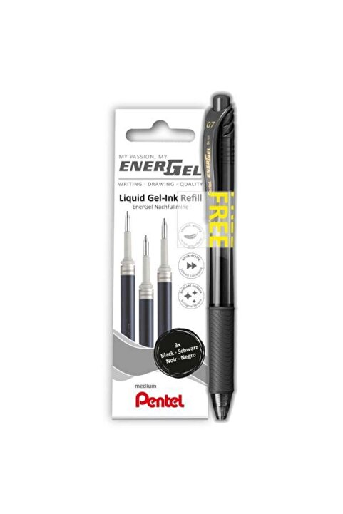 Pentel Energel LR7-3A-PROMO Jel Kalem ve 3 adet Refill ( Yedek) Set 0.7 mm Siyah