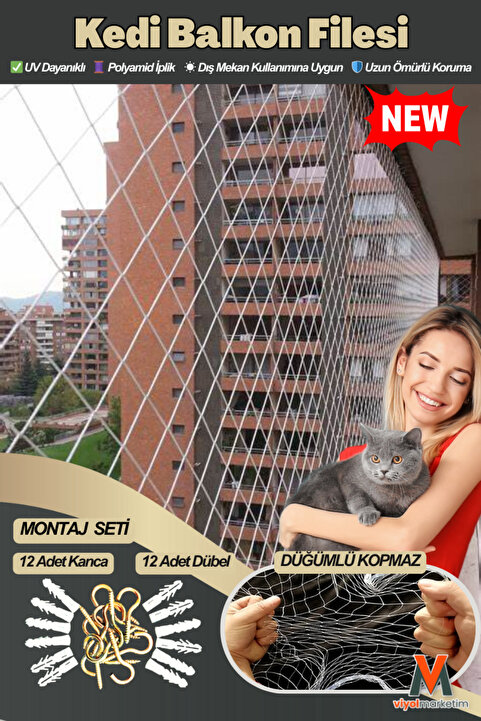 viyolmarketim Beyaz Balkon Filesi 3x5 M – Kedi Koruma Ve Kuş Önleme Güvenlik Filesi - Kanca Ve Dübel Dahil