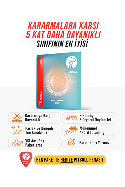 PİTBULL Pitbull Strings Coated Seri Klasik Gitar Takım Teli CCG HT Hard Tansiyon Kararmaya Karşı Dayanıklı
