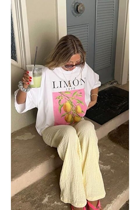 The Champ Clothing Kadın Yaz Enerjili Limon ve Çiçek Baskılı Beyaz Tişört
