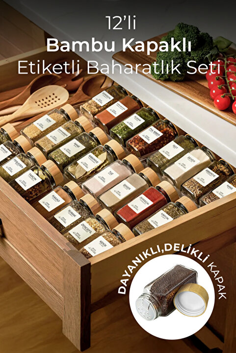 Kitchen Life 12’li Bambu Kapaklı Kare Cam Baharatlık Takımı / 40 Adet Etiket Hediyeli / 12 li Baharatlık Seti