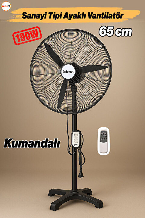 Badem10 Sanayi Tipi 65 cm 190W Ayaklı Kumandalı Vantilatör Sessiz Geniş Alanlara Uygun Endüstriyel Güçlü Fan