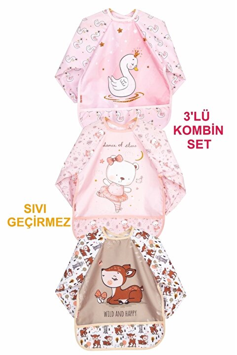 Bebechi 3 Lü Kombin(SEVİMLİ AYI-CEYLAN-KUĞU) Set (SIVI GEÇİRMEZ) Mama Önlüğü