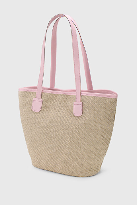 Housebags Doğal Hasır Pembe Deri Askılı Plaj Çantası