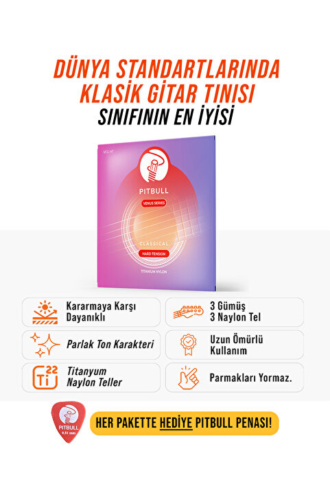 PİTBULL Pitbull Strings Venüs Seri Klasik Gitar Takım Teli VCG HT Hard Tansiyon Kararmaya Karşı Dayanıklı