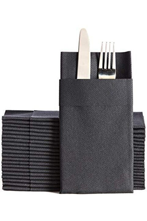 Atölye Mi 12 Adet Siyah Kumaş Dokulu Cepli Peçete 40x40 1/8 12'li Paket