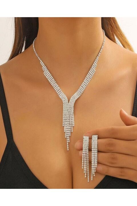 muptejewelry Taşlı Su Yolu Kolye Ve Küpe Takı Seti 5 Sıra- Özel Tasarım Abiye Gerdanlık