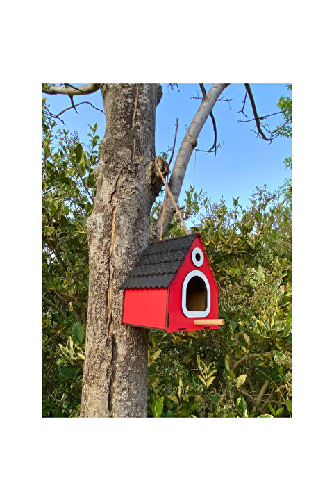 WoodenZoo Ahşap Dekoratif Kuş Evi Yuvası, Yuvalık, Balkon , Bahçe Aksesuarı (KIRMIZI 14x12x18 cm)