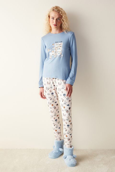 Penti Kitap Desenli Tişört Mavi Pijama Üstü