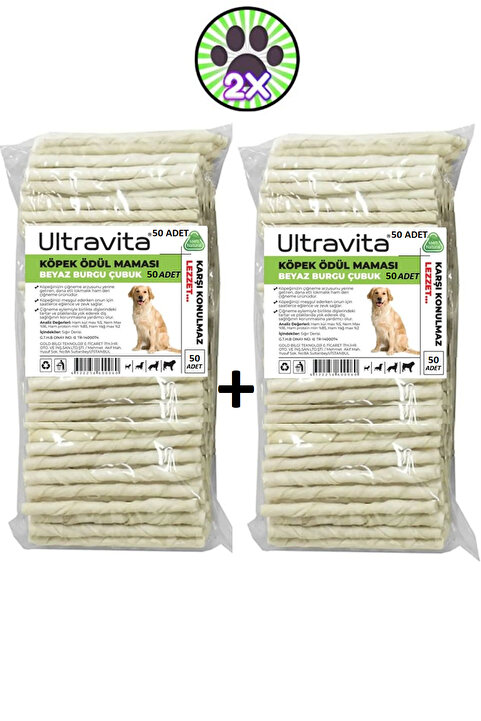 ULTRAVİTA Beyaz Sütlü Burgu Çubuk Köpek Ödül Kemiği Maması %100 Doğal Lezzet 50'li Mega 2'li Paket 600 Gr