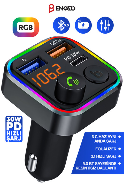 Enkado 30w Pd Hızlı Şarj 5.0 Bluetooth MP3 Çakmaklık Rgb Işıklı Led Ekran Usb Araç Fm Transmitter Çakmaklık