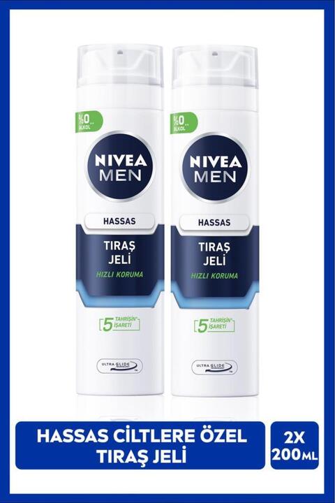 NIVEA MEN Erkek Hassas Ciltlere Özel Tıraş Jeli 200ml, Tahriş ve Kesik Karşıtı, Alkolsüz Formül, X2 Adet