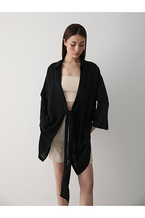 Laluvia Siyah Flam Keten Kimono Gömlek