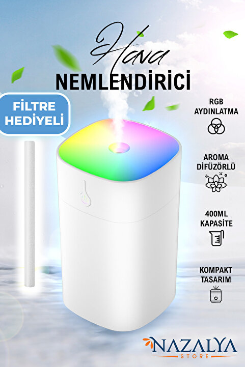 Nazalya 400 ml Ultrasonik Hava Nemlendirici Buhar Makinesi ve Aroma Difüzörü - Beyaz Renk