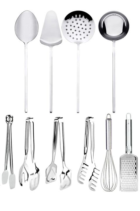 Mirilliahome Paslanmaz Çelik 10 Parça Mutfak Servis Seti – Kepçe, Spatula, Süzgeç, Maşa, Rende
