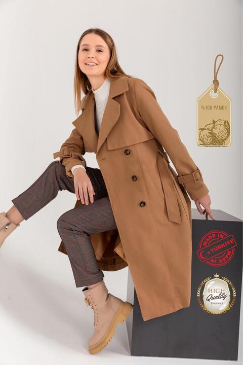 PASTELASTORE Bej %100 Pamuk Gabardin Uzun (110cm) Astarlı Kemerli Kadın Trençkot 1111