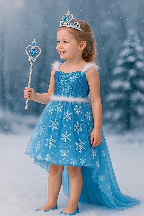 Parti Kırtasiye Karlar Ülkesi Frozen Elsa Kostüm Kız Çocuk Ön Kısa Arka Uzun Kuyruklu Prenses Elbise