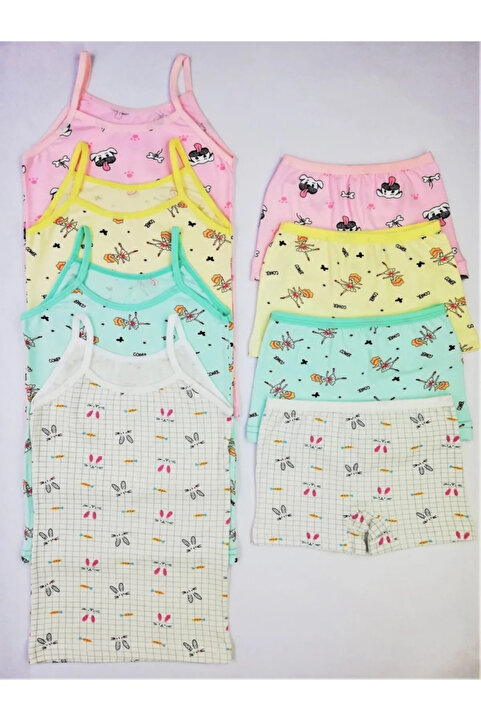 ADN Underwear 4 Adet Kız Çocuk Desenli Atlet Boxer Külot Takım Pamuklu Sarı Ekru Mint Pembe Set