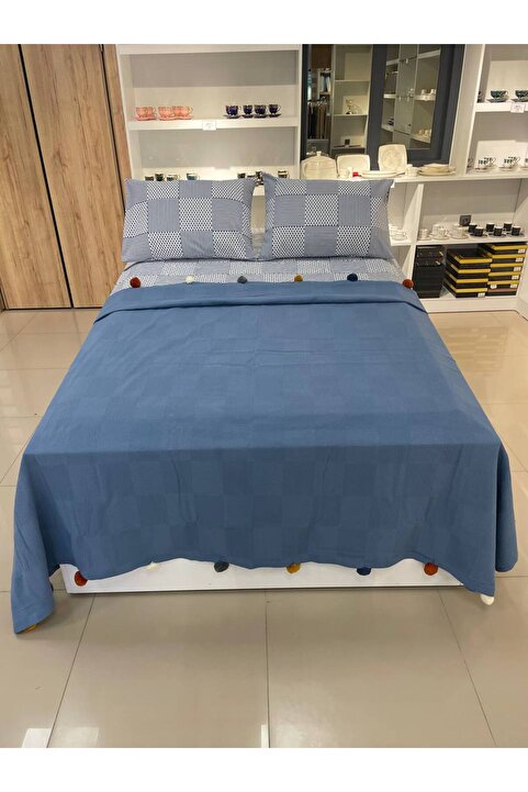 Sudemhome Çift Kişilik Ponponlu Çeyizlik Pamuklu Kutulu Pike Takımı Indigo