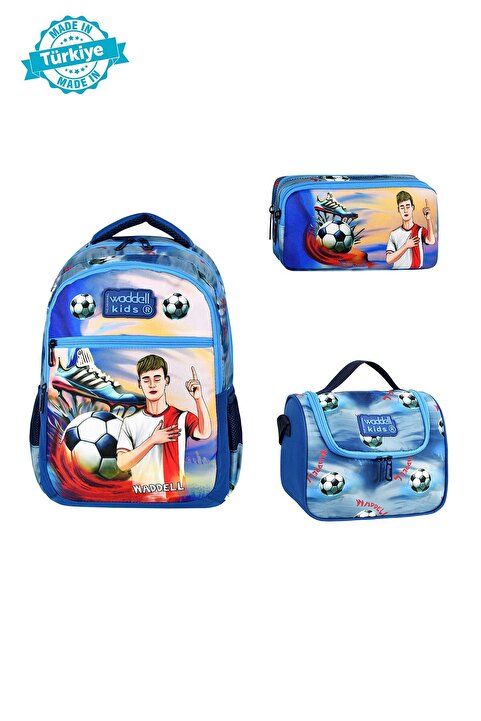 Waddell Lisanslı Futbol Temalı İlkokul Sırt Çantası,Termal Beslenme Çantası Ve Kalemlik,3'lü Set