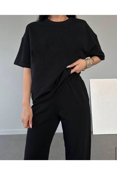 DUBU BUTİK Basic T-shirt Eşofman Altı Jogger - Siyah Düz Alt Üst Eşofman Takımı Oversize Bisiklet Yaka