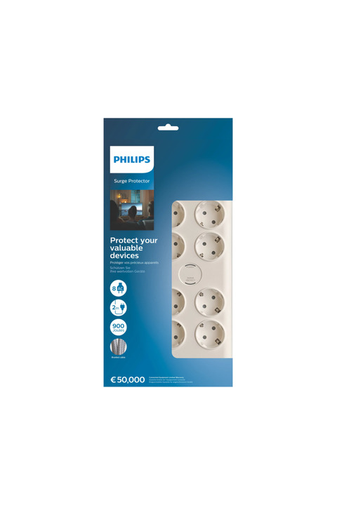 Philips SPN7080WA/62, 8 Soket, Akım Korumalı Priz, 900 Joules, 2Mt Örgülü Kablo, (Beyaz)