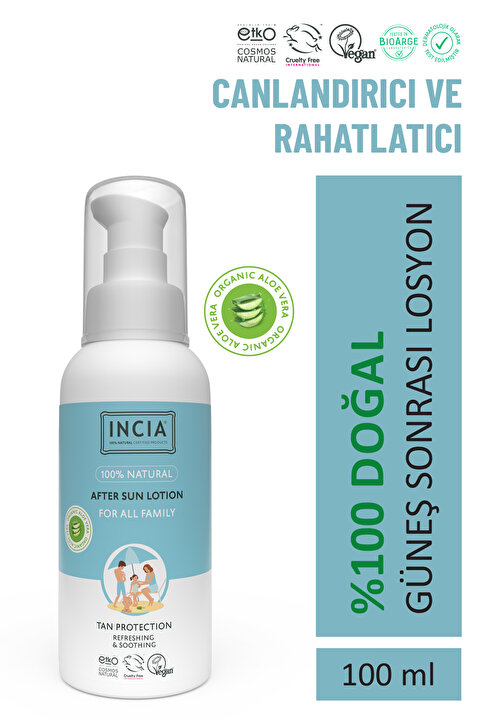 INCIA 100% Natural After Sun Losyon Güneş Sonrası Organik Aloe Vera Nemlendirici Rahatlatıcı 100 ml