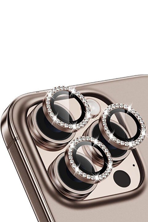 EVAX [Taşlı] iPhone 16 Pro Max / 16 Pro Uyumlu Çöl Titanyum Taşlı Kamera Lens Koruyucu